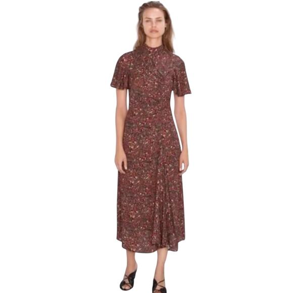 Zara Black Red Floral Print Short Sleeve Mock Neck Midi Dress Size Medium - Picture 1 of 9